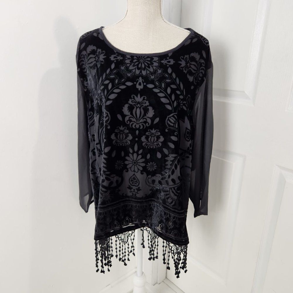 Chicos Top Womens 3 US XL Black Burnout Velvet Fringe Trim Goth Witch Festival - Picture 16 of 16